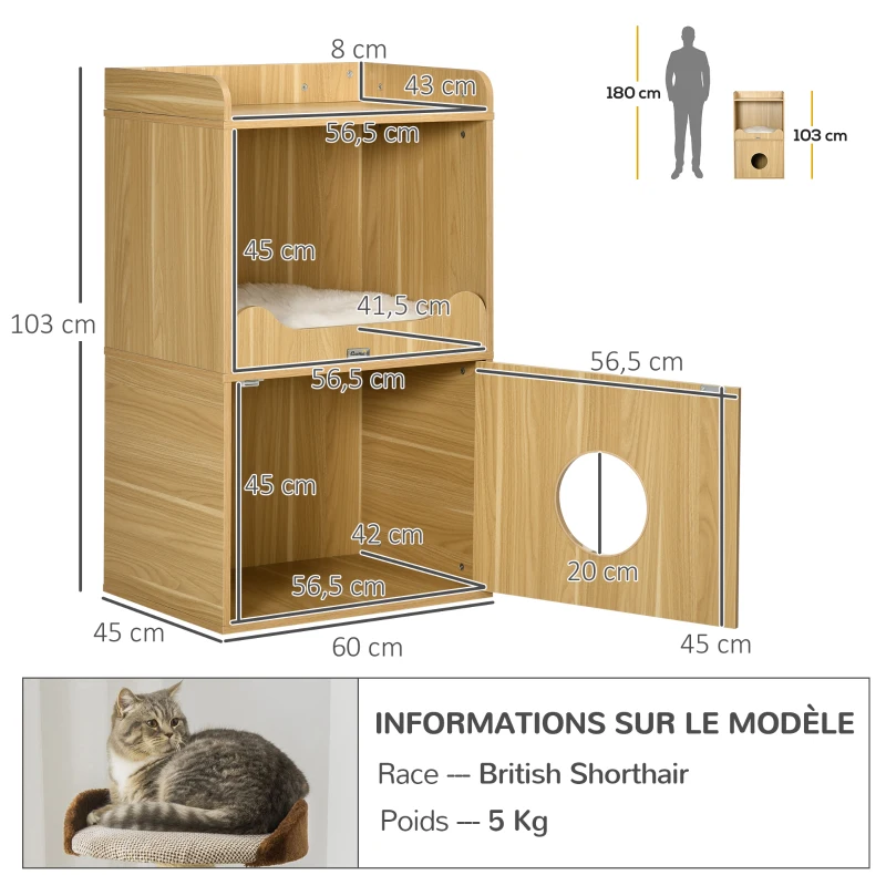 Pawhut Casa de Banho para Gato Móvel Caixa de Areia para Gato 3 Níveis Compartimento Fechado Por Uma Porta 1 Almofada 60x45x103 cm