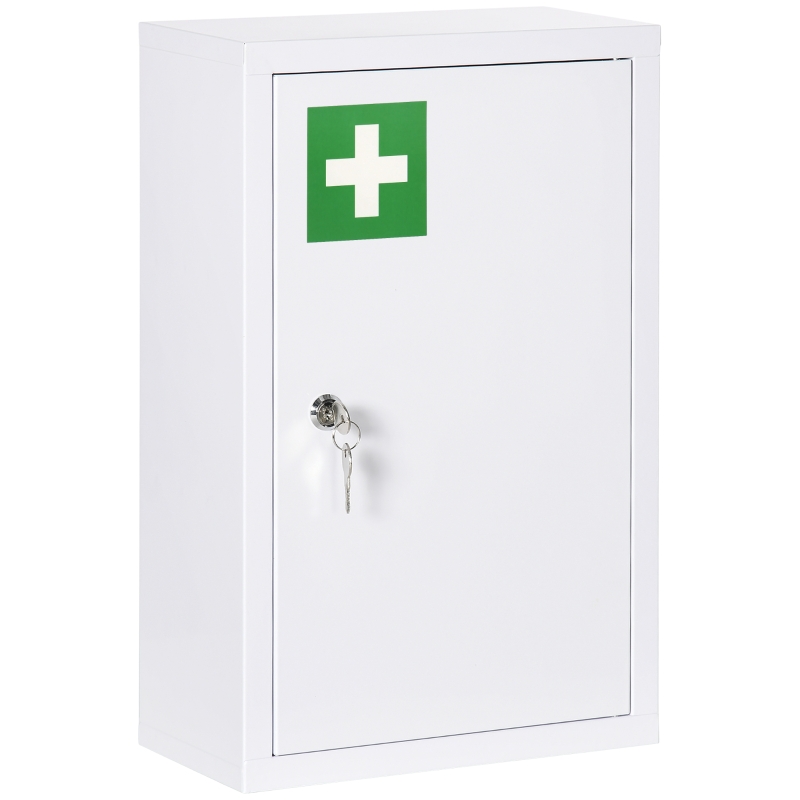 Kleankin Armário de Remédios Armário de Medicamentos de Parede de 3 Níveis com Porta Trancável 2 Chaves em Aço Branco