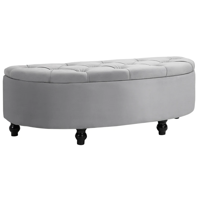 HOMCOM Banco de Armazenamento Baú de Armazenamento Capitonê Meia Lua Revestimento de Veludo Pés Madeira de Hévea 120x46x42 cm Cinza