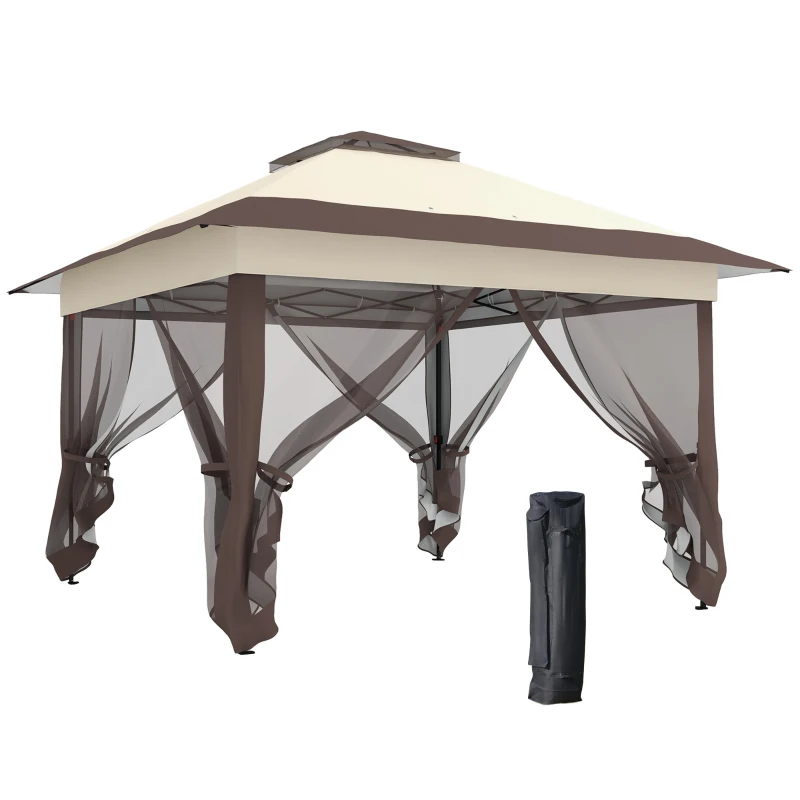 Outsunny Tenda Pavilhão de Jardim Pop-Up Dobrável Metal Poliéster Mosquiteiros Saco de Transporte com Rodas Kaki Marrom