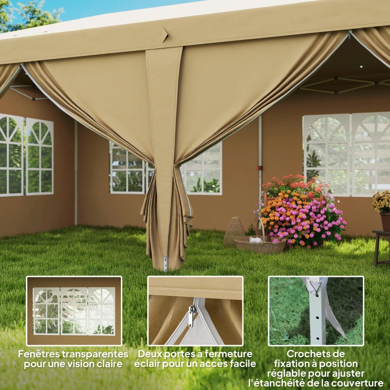 Outsunny Tenda Pop Up Impermeabilizada Dobrável 6x3x2,7 m 4 Paredes Laterais Amovíveis 4 Janelas Saco de Transporte Cáqui