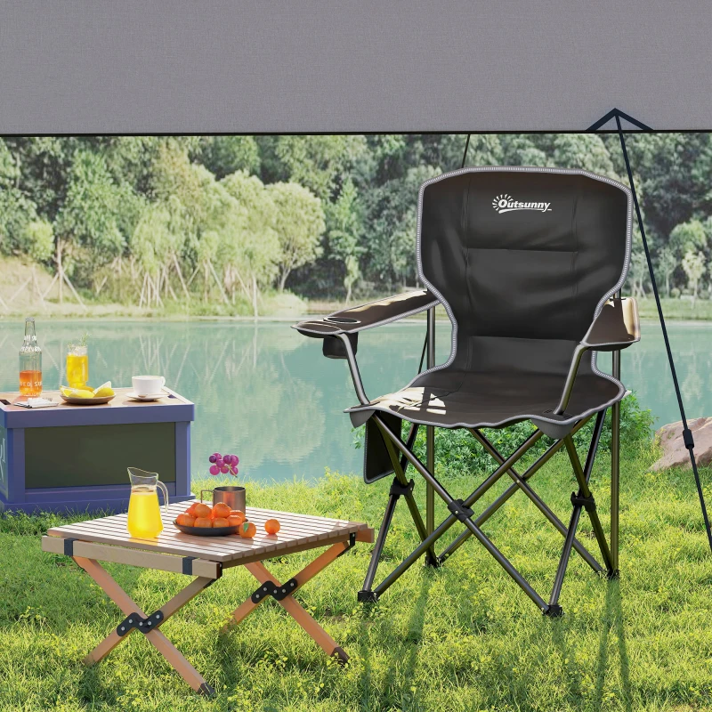 Outsunny Cadeira de Camping Dobrável e Portátil com Porta Copos Bolsos Laterais e Saco de Transporte Preto