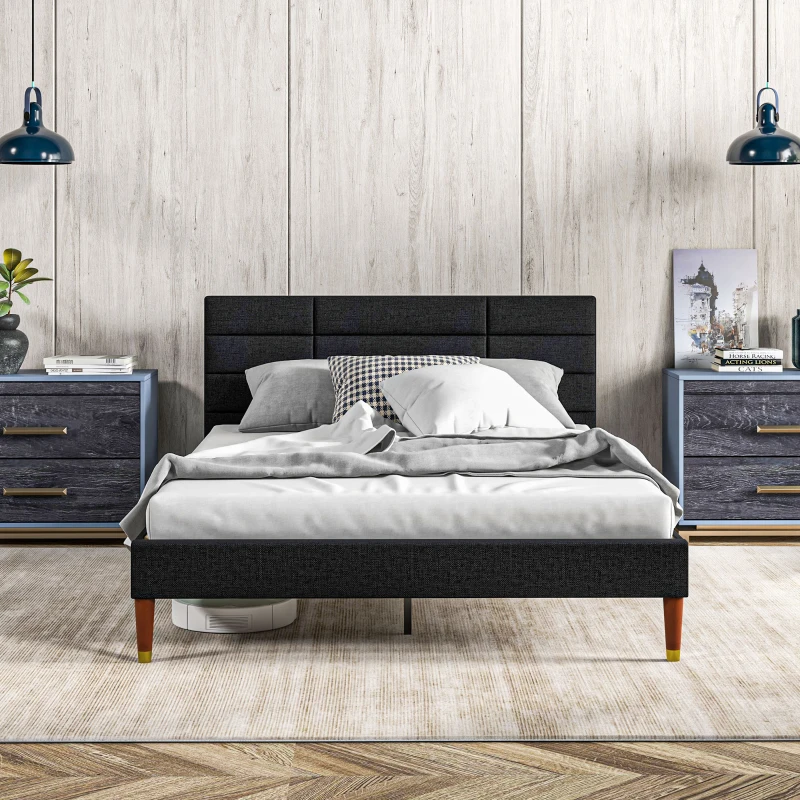 HOMCOM Cama de Casal para 2 Pessoas com Estrado de Ripas e Cabeceira Estofada Compatível com Colchão 140x200 cm Preto