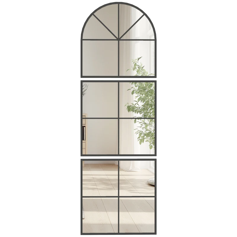 HOMCOM Espelho de Parede Arqueado 60x180 cm Forma de Janela com Moldura Metálica para Sala Quarto Corredor Preto