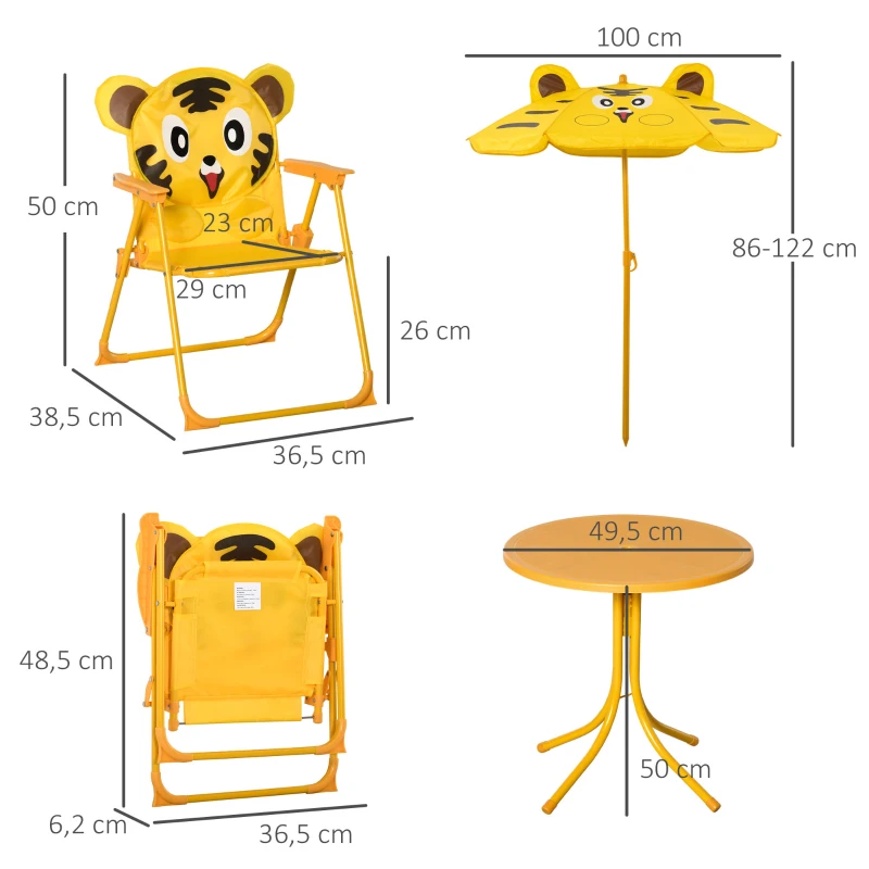 Outsunny Conjunto de Mobiliário de Jardim para Crianças 4 Pcs Tigre Mesa Redonda 2 Cadeiras Dobráveis Guarda Sol Metal Oxford Amarel