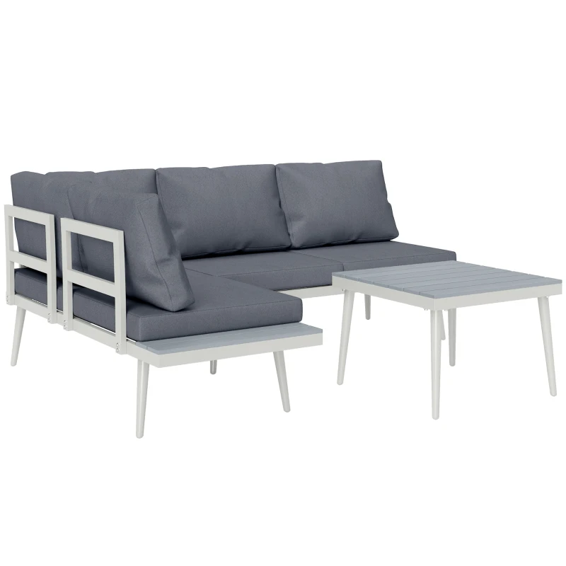 Outsunny Conjunto de Jardim 3 Peças Sofá de Canto Modular com Assento Ajustável Almofadas Confortáveis Mesa de Efeito Madeira Cinza