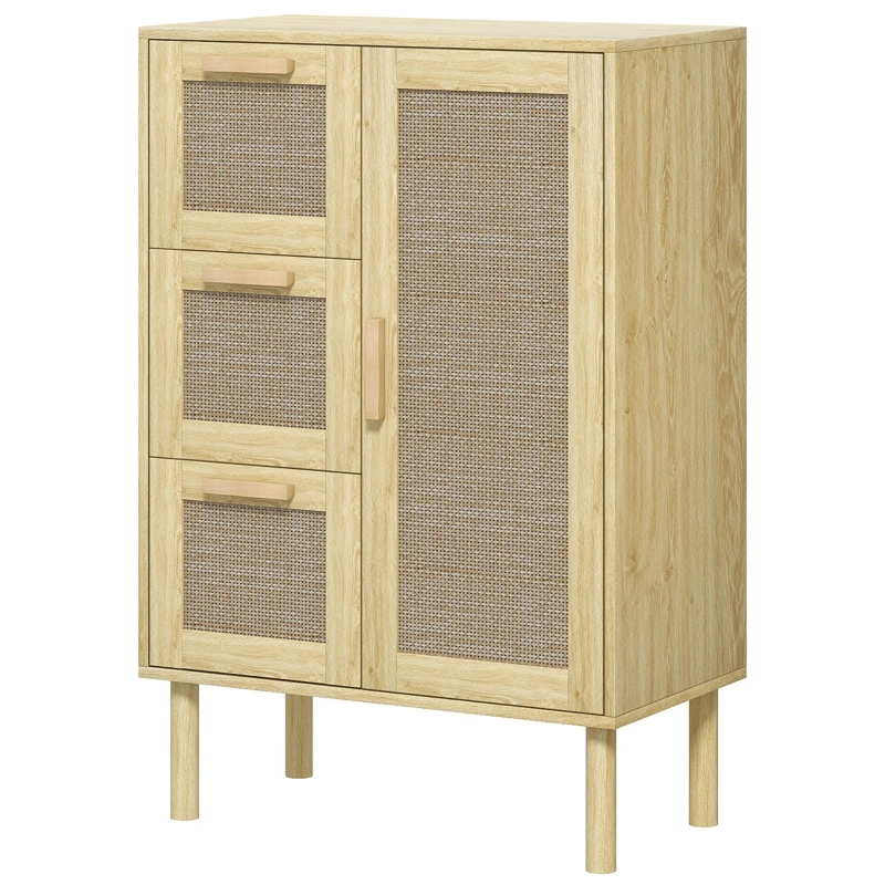 HOMCOM Armário Meuble de Rangement Estilo Boêmio com 3 Gavetas e 3 Prateleiras Frente de Vime Trançada Compacto 55x30x82 cm