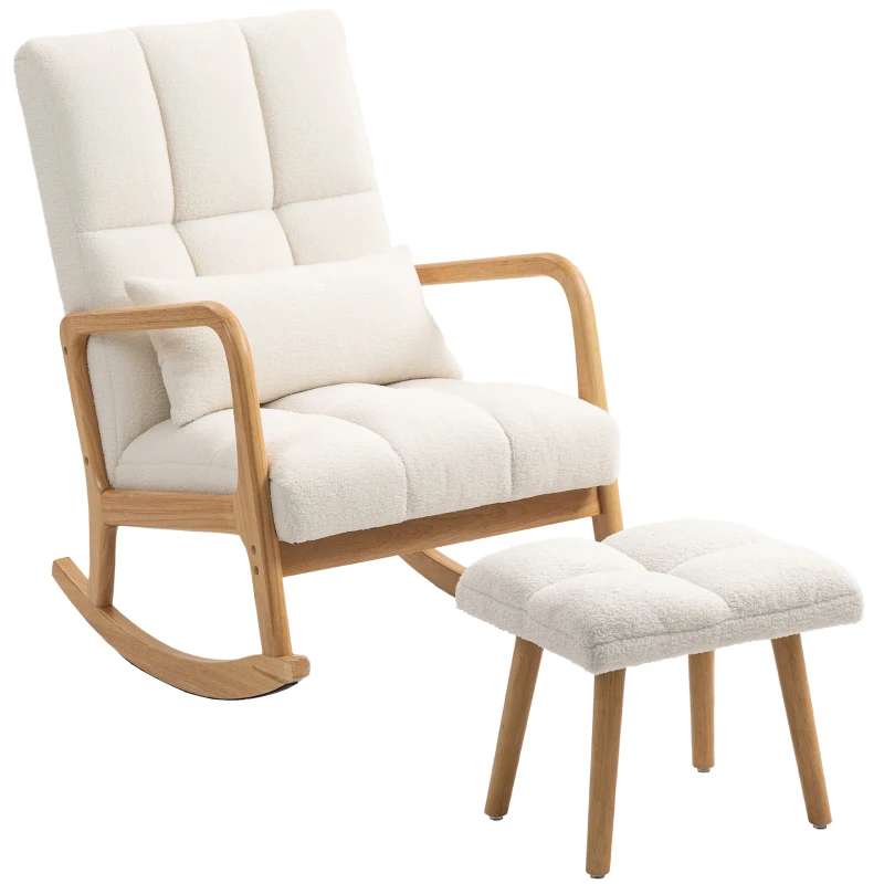 HOMCOM Cadeira de Baloiço com Apoio para Os Pés Revestimento de Fleece Encosto Alto Pernas de Madeira Apoios para Os Pés Branco