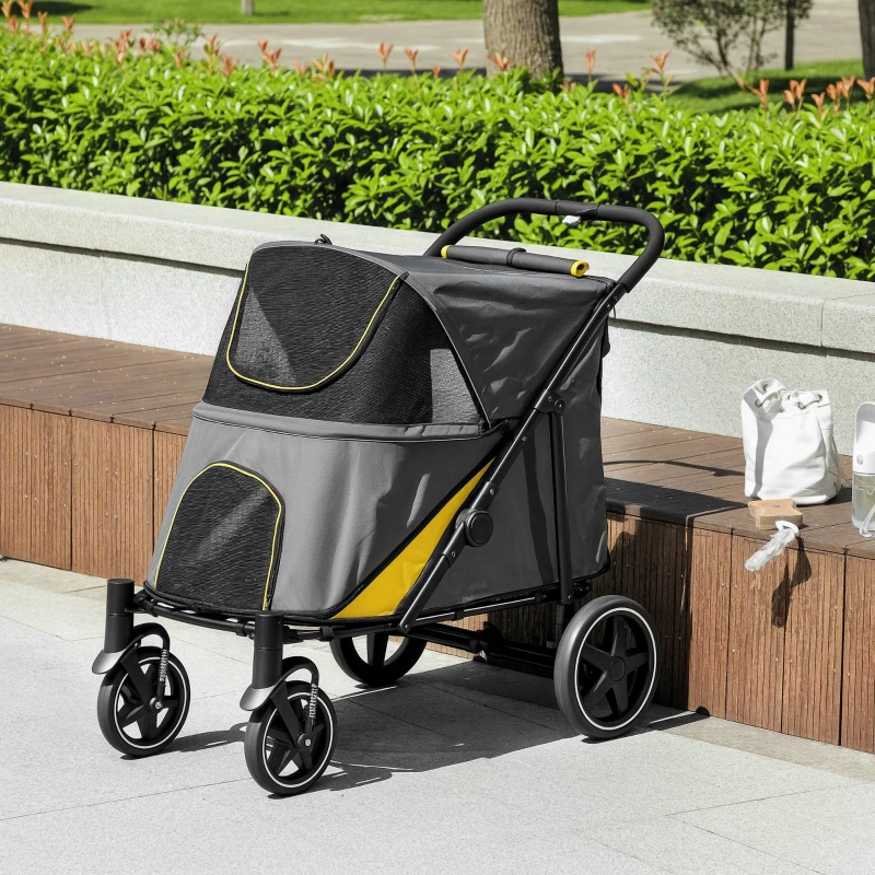 Pawhut Carrinho para Cães Carrinho para Gato 4 Rodas Dobrável com Um Clique Alça de Segurança Carga 30 Kg 112x65x100 cm Cinza Escuro