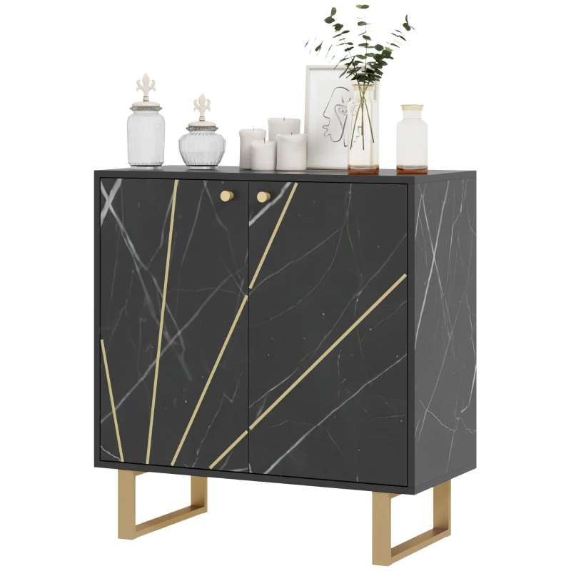 HOMCOM Buffet de Armazenamento com 2 Portas e Prateleira Ajustável Pés em Metal 76x35x77 cm Tom Mármore Preto