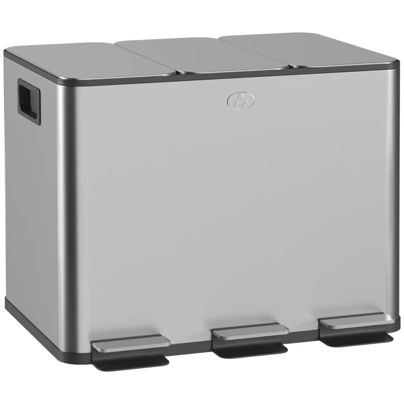 HOMCOM Cesto de Lixo com 3 Seções de 20L com Fechamento Silencioso em Aço Inoxidável e PP 61,9x36,6x56,7 cm