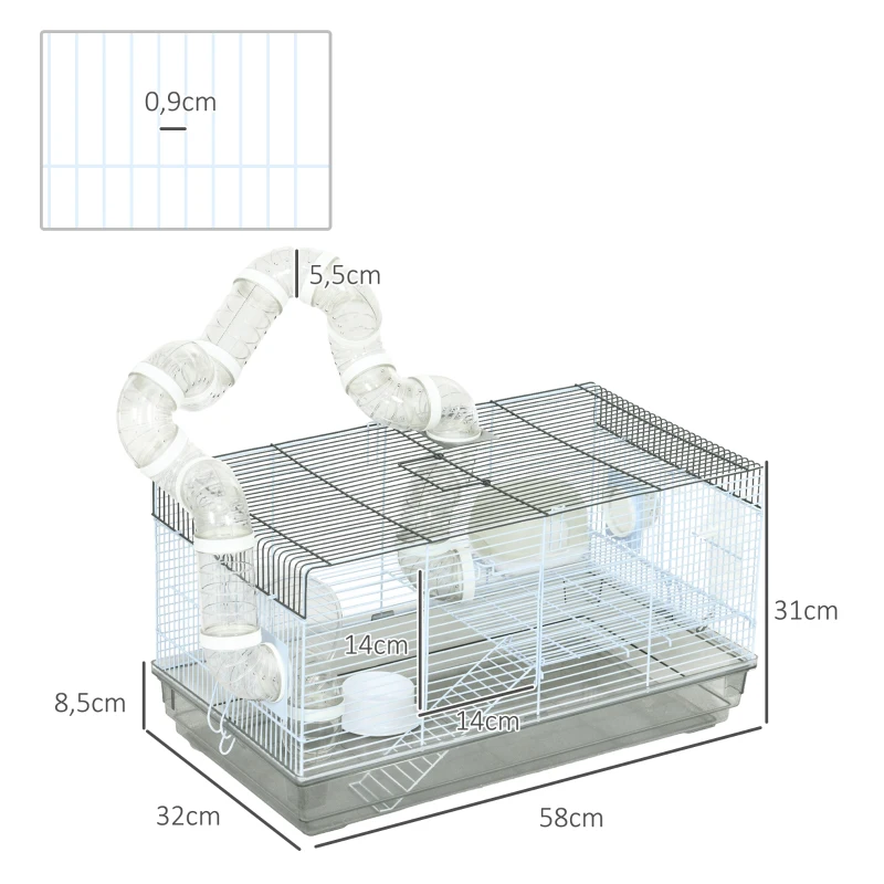 Pawhut Gaiola para Hamster Gaiola para Roedores com Túnel e Acessórios Inclusos Barras de Aço 58x32x31 cm Cinza