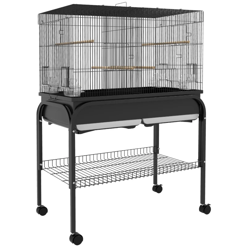 Pawhut Grande Gaiola para Pássaros Gaiola para Periquitos Suporte Rodas para Catatuas Periquitos Canários Araras 85x49x119 cm Preto