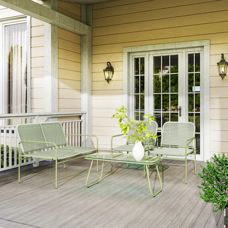 Outsunny Conjunto de Sala de Jardim Exterior em Vime Sintético 4 Lugares Sofá 2 Lugares 2 Cadeiras Mesa em Vidro em Aço Verde