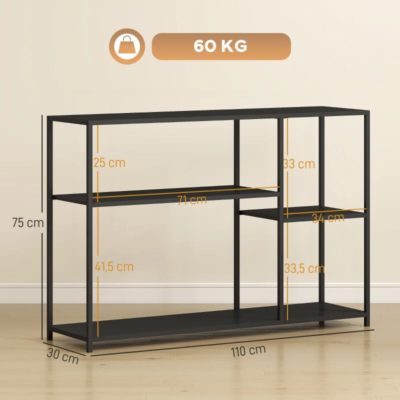 HOMCOM Mesa Console Estreita com 4 Prateleiras Estilo Industrial Estrutura em Aço 110x30x75 cm Preto