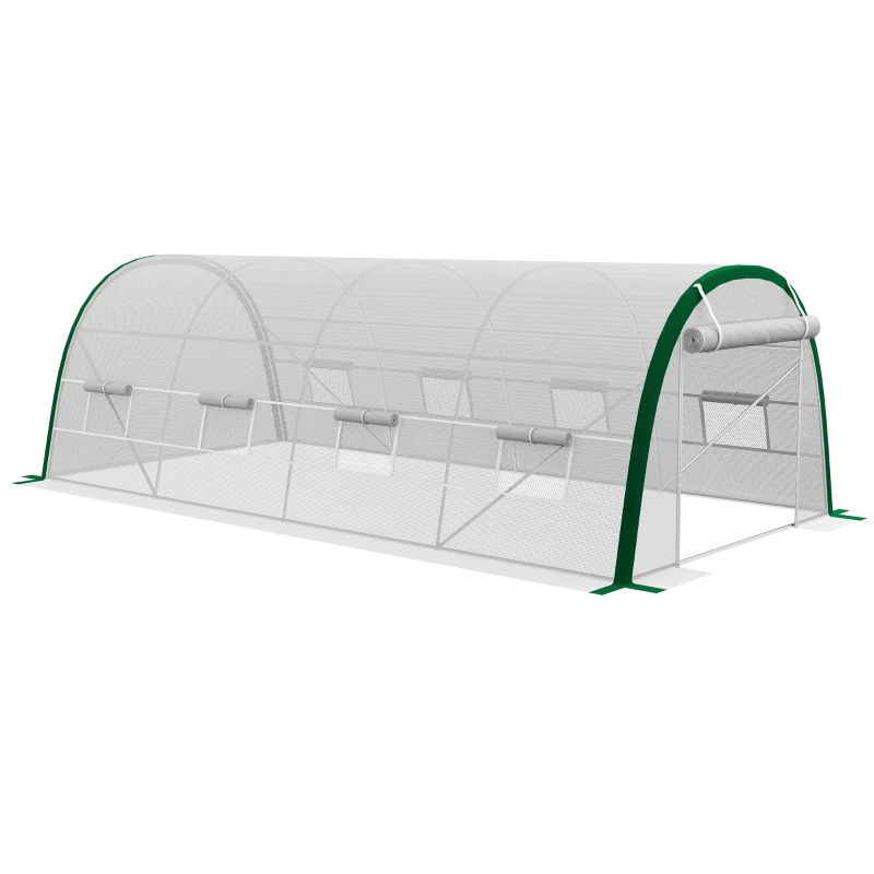 Outsunny Estufa de Jardim Tunnel 18 ㎡ 6x3x2 m 8 Janelas Porta com Zíper Enrollable Aço Galvanizado Lona PP Branco