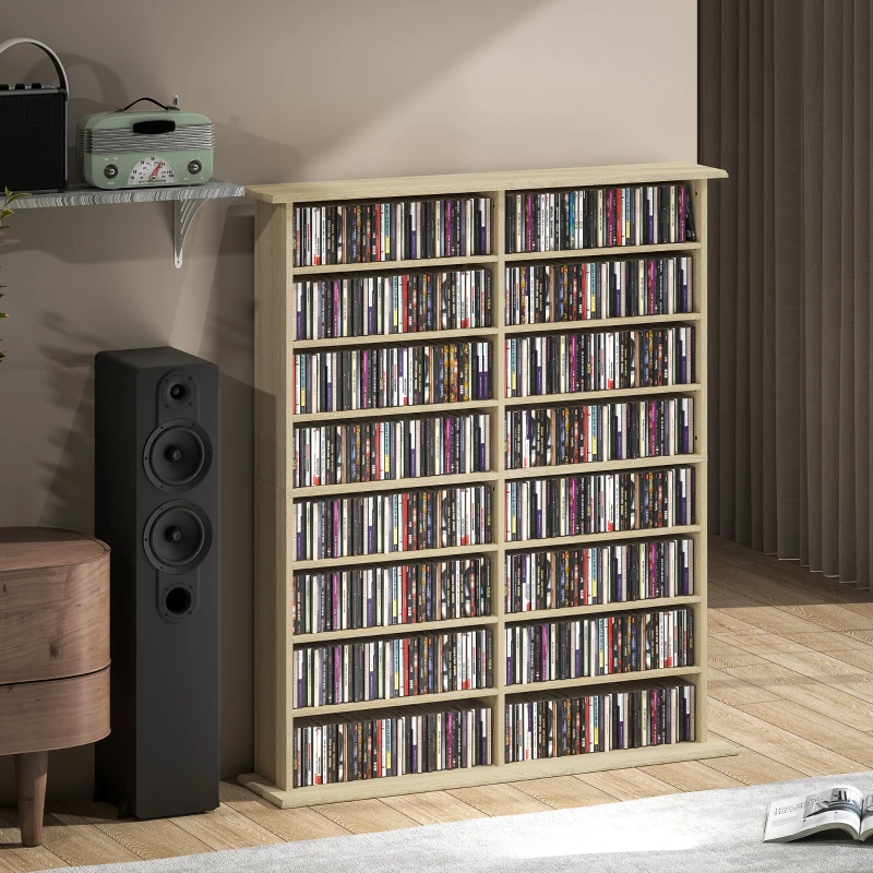 HOMCOM Armazenamento de CD e DVD com 16 Compartimentos e 12 Prateleiras Ajustáveis Capacidade Máxima 720 CD/396 DVD Madeira Natural