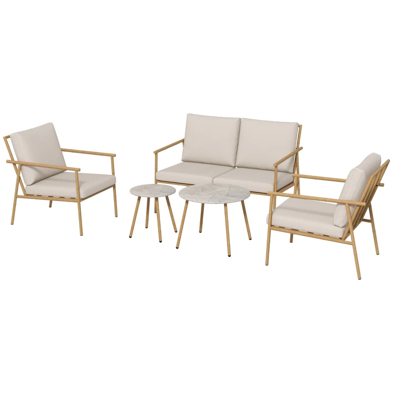 Outsunny Conjunto de Sofá de Jardim 5 Peças 4 Pessoas Sofá de 2 Lugares 2 Mesas de Centro e 2 Cadeirões Almofadas Estrutura de Aço