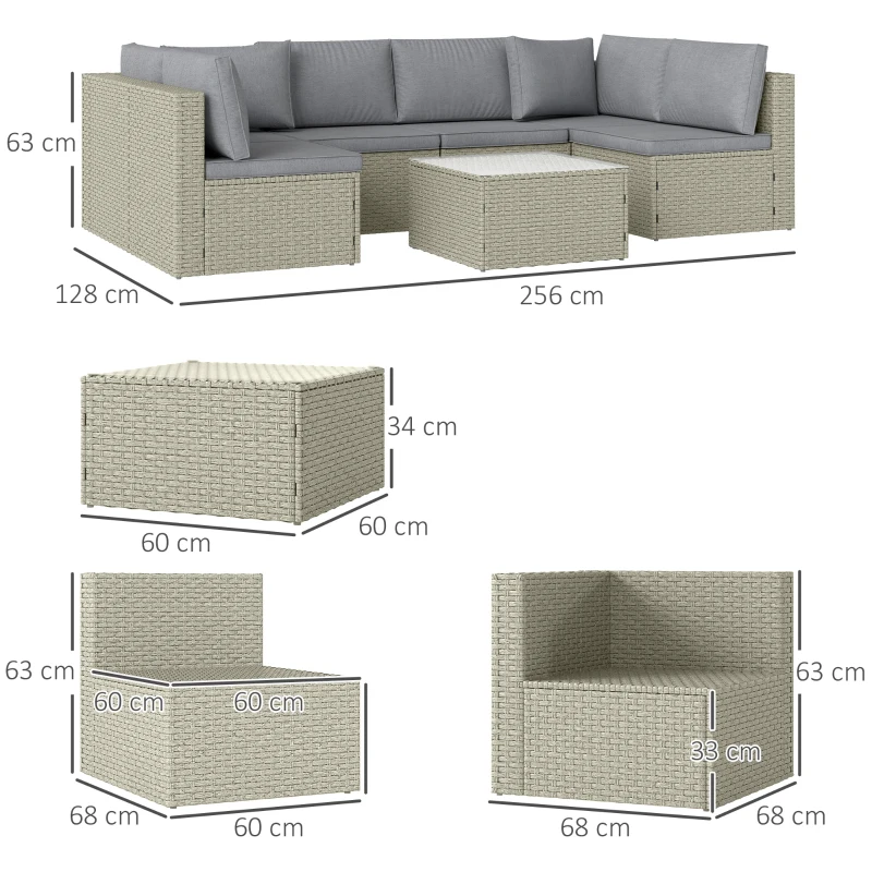 Outsunny Conjunto de Móveis de Jardim Exterior Modular para 6 Pessoas em Vime Sintético com Sofás e Mesa de Vidro Temperado Cinzento