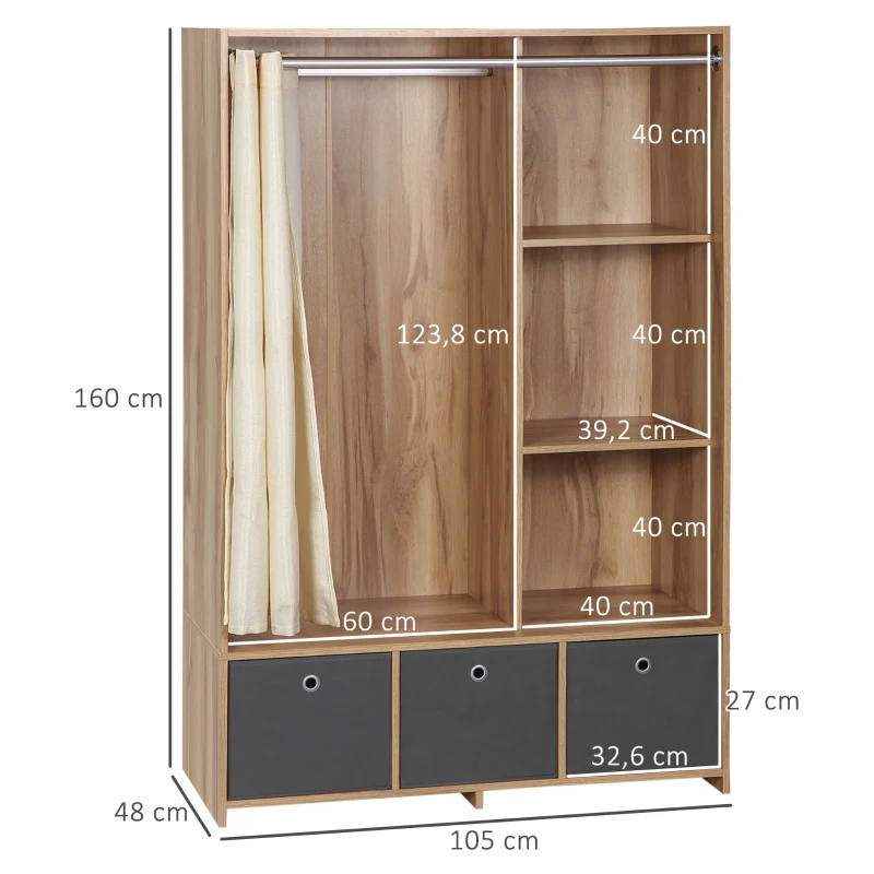 HOMCOM Armário de Closet Armário de Arrumação com Barra Cortinas 3 Gavetas de Tecido Removíveis 105x48x160 cm Natural