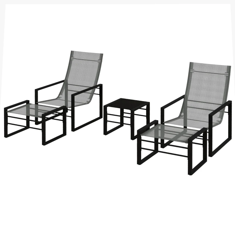 Outsunny Sala de Jardim 5 Peças 2 Lugares com 2 Cadeiras 2 Apoios de Pés e 1 Mesa Metal Preto Assento em Tecido de Malha Cinza