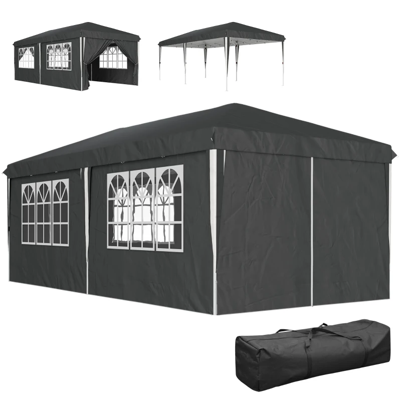 Outsunny Gazebo 3x6 m para 12-18 Pessoas Ajustável em Altura com Furos de Drenagem em Metal e Tecido Oxford Cinza