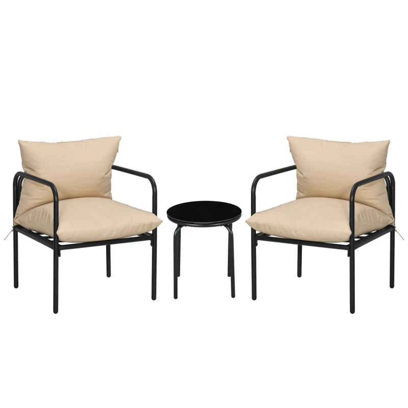 Outsunny Conjunto de Mobiliário de Jardim de 3 Peças para 2 Pessoas com 2 Cadeiras e 1 Mesa de Centro Redonda Metal Preto e Bege
