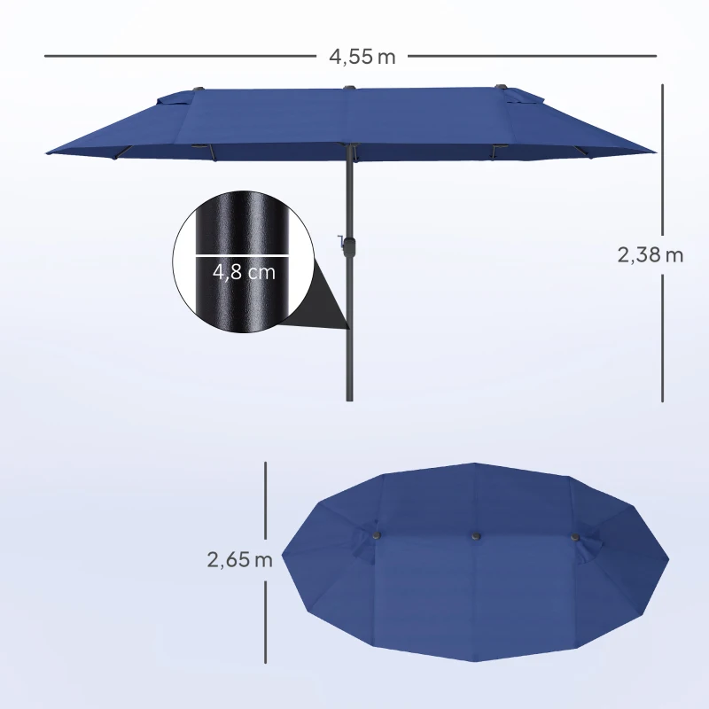 Outsunny Guarda Sol de Jardim Duplo Retangular 4,6x2,7x2,4 m com Abertura e Fechamento Por Manivela Lona 180 g/㎡ Azul