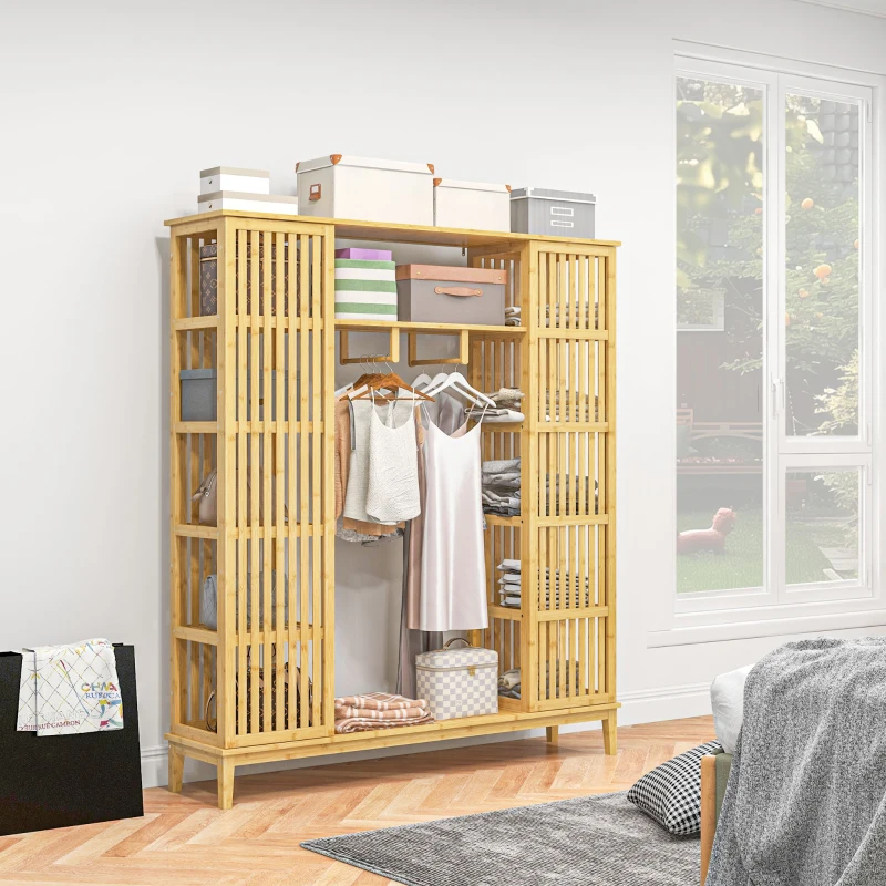 HOMCOM Armário de Bambu com 2 Portas de Correr Prateleiras e Barra Grande Armário para O Quarto 145x35x165 cm