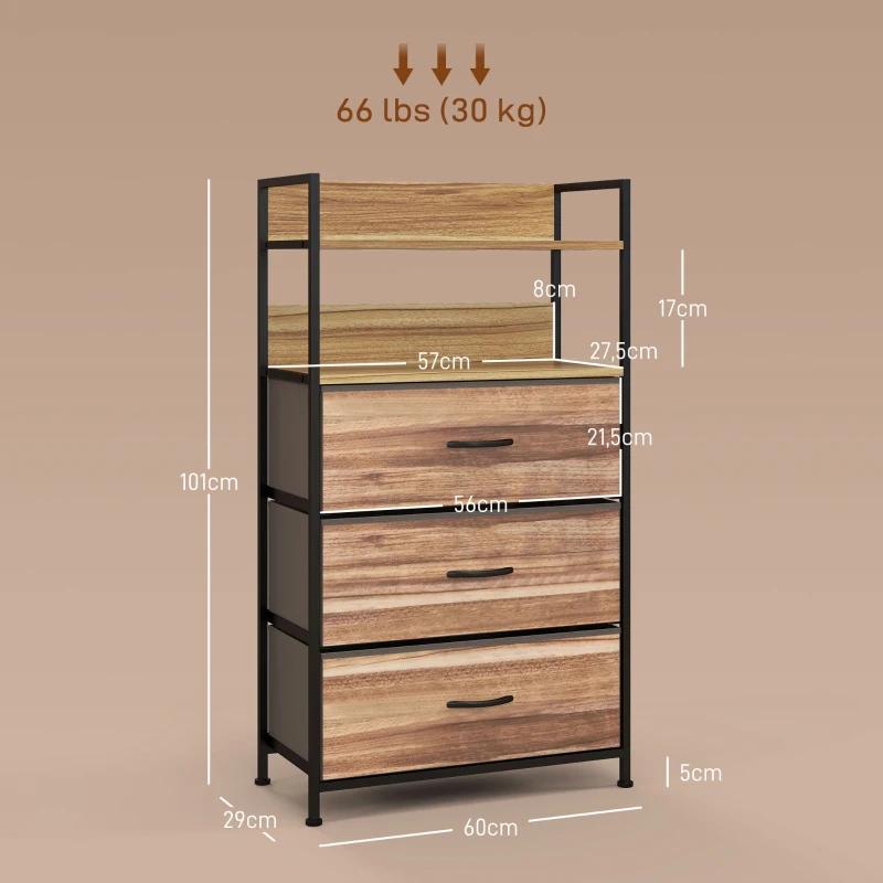 HOMCOM Móvel de Arrumação Estilo Industrial Cómoda 3 Gavetas em Tecido Removíveis e 2 Prateleiras 60x29x101 cm MDF e Metal