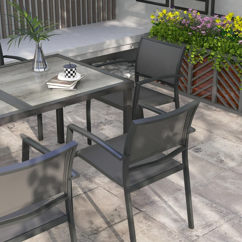 Outsunny Conjunto de Sala de Jantar de Jardim 7 Peças com 1 Mesa e 6 Cadeiras Empilháveis em Metal Epóxi Textilene Cinza Escuro