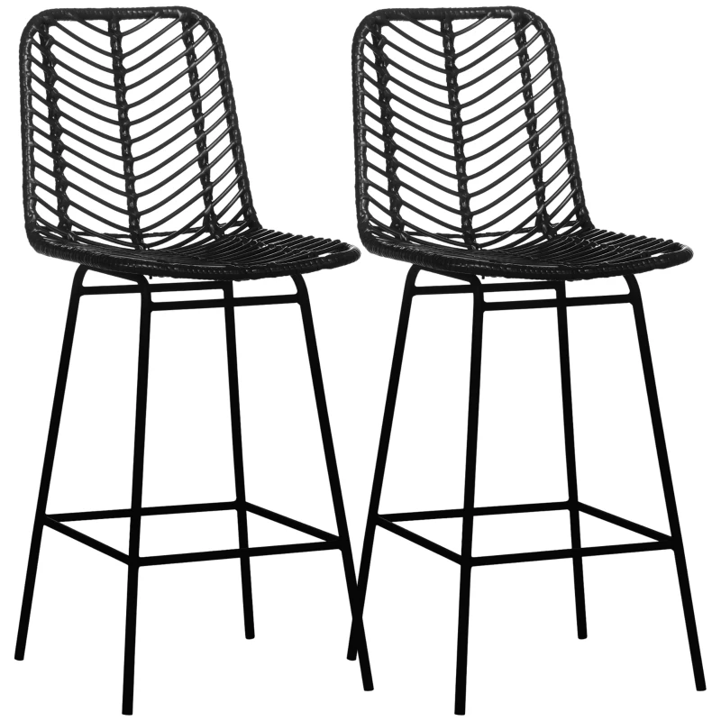HOMCOM Conjunto de 2 Bancos de Bar estilo Boêmio Altura 66 cm com Apoio para Os Pés em Metal e Vime PP Preto