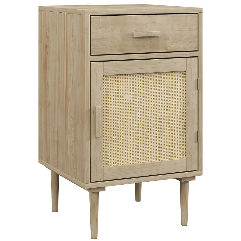 HOMCOM Mesa de Cabeceira com Armário e Prateleira Porta em Vime Trançado 1 Gaveta estilo Boêmio 40x40x68,5 cm Natural