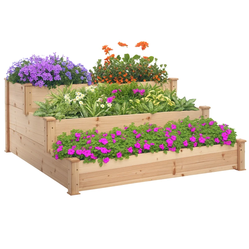 Outsunny Letto per Orto Rialzato a 3 Livelli in Legno Naturale, Fioriera Rialzata da Esterno per Piante, 120x120x56cm