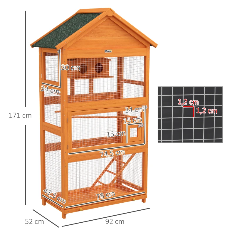 Pawhut Gaiola para Pássaros em Madeira Gaiola para Papagaio Área de Jogos Telhado de Asfalto Impermeável 92x52x171 cm Laranja