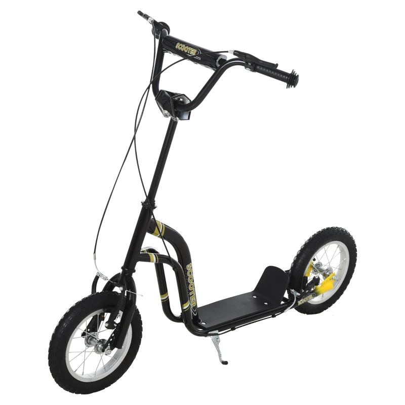 HOMCOM Trotinete para Crianças de 5-12 Anos Rodas 12" Infantil Dupla Travagem Guiador Ajustável e Suporte Lateral 100 Kg Aço Preto