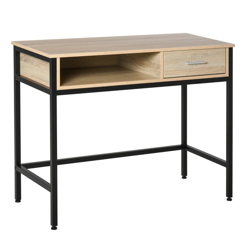 HOMCOM Mesa de Escritório com Armazenamento Mesa de Computador Gaveta Estrutura de Metal Preto Tampo de Madeira Carvalho Claro