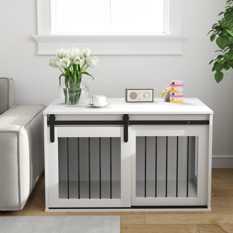 Pawhut Caixa para Cães com Porta de Correr Ventilação Painel de Aglomerado e Aço 98x58x61 cm Branca