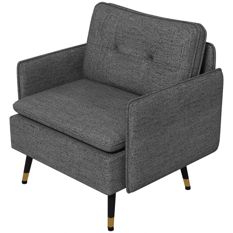 HOMCOM Poltrona Escandinava com Encosto Capitonê e Vivo em Tecido 76x68x80 cm Cinza e Pernas em Metal Preto e Dourado