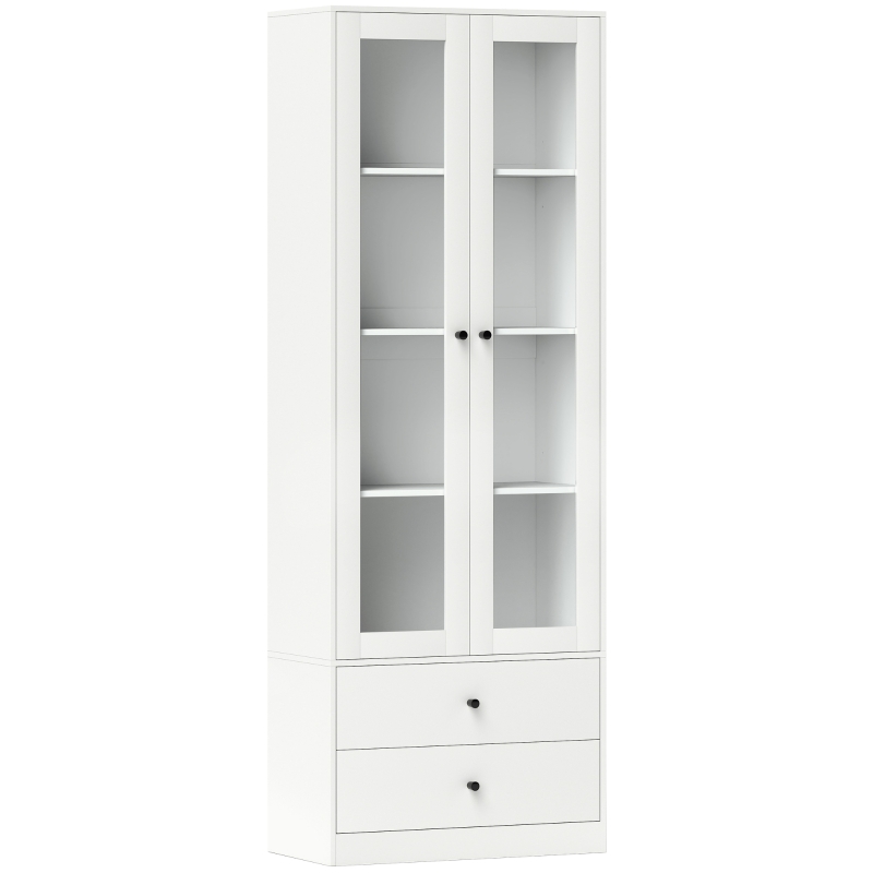 HOMCOM Móvel de Arrumação Moderno com Armário de Portas de Vidro Prateleiras Ajustáveis e 2 Gavetas 59x30x164 cm Branco