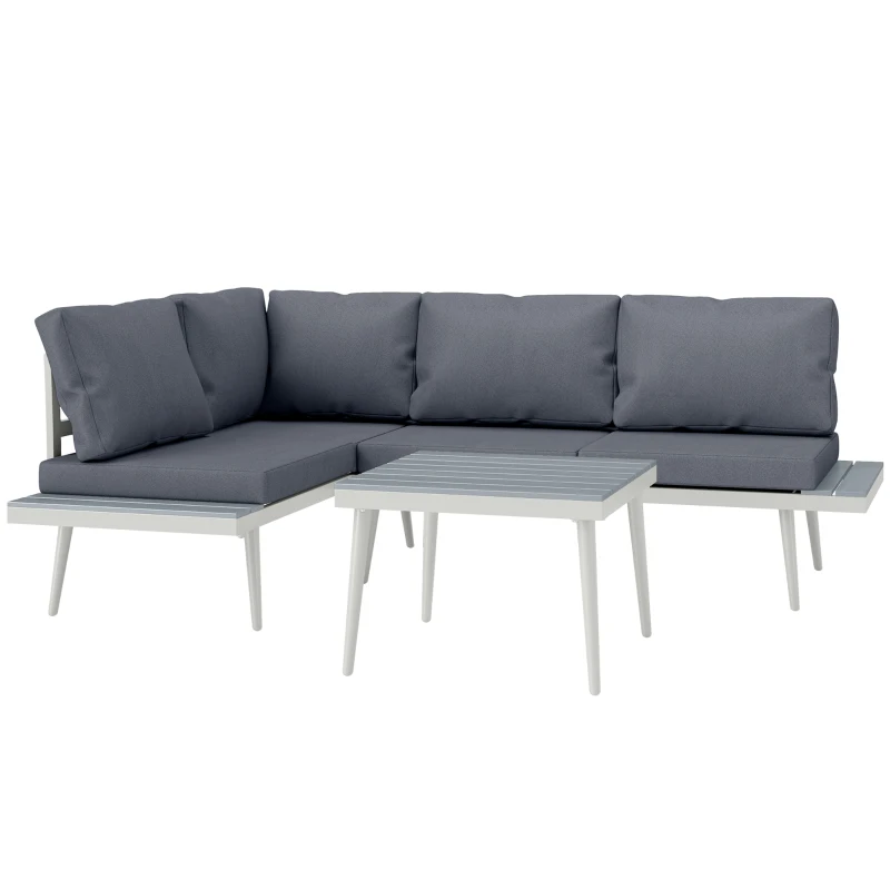 Outsunny Conjunto de Jardim 3 Peças Sofá de Canto Modular com Assento Ajustável Almofadas Confortáveis Mesa de Efeito Madeira Cinza