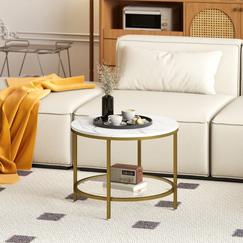 HOMCOM Mesa de Centro Redonda Moderna de 2 Níveis com Tampo de Mármore e Prateleira de Vidro Temperado Ø 60x45 cm Branco e Dourado