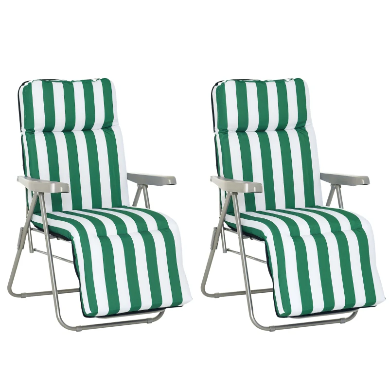 Outsunny Sedia Sdraio da Spiaggia da 2 Pezzi Pieghevole e Reclinabile, Lettini Prendisole da Giardino con Cuscino Imbottito, Verde e Bianco