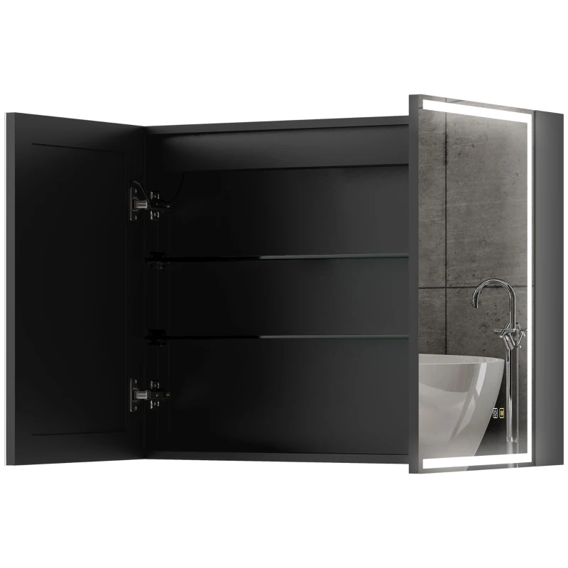 HOMCOM Armário de Banheiro com Espelho Iluminação LED 60x80 cm Função Anti Nevoeiro Regulador de Luz 3 Cores Preto