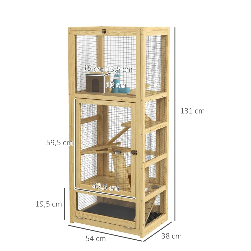 Pawhut Gaiola para Hamsters ou Pequenos Animais em Madeira 5 Níveis com Escada Cabana Balanço 54x38x131 cm Natural