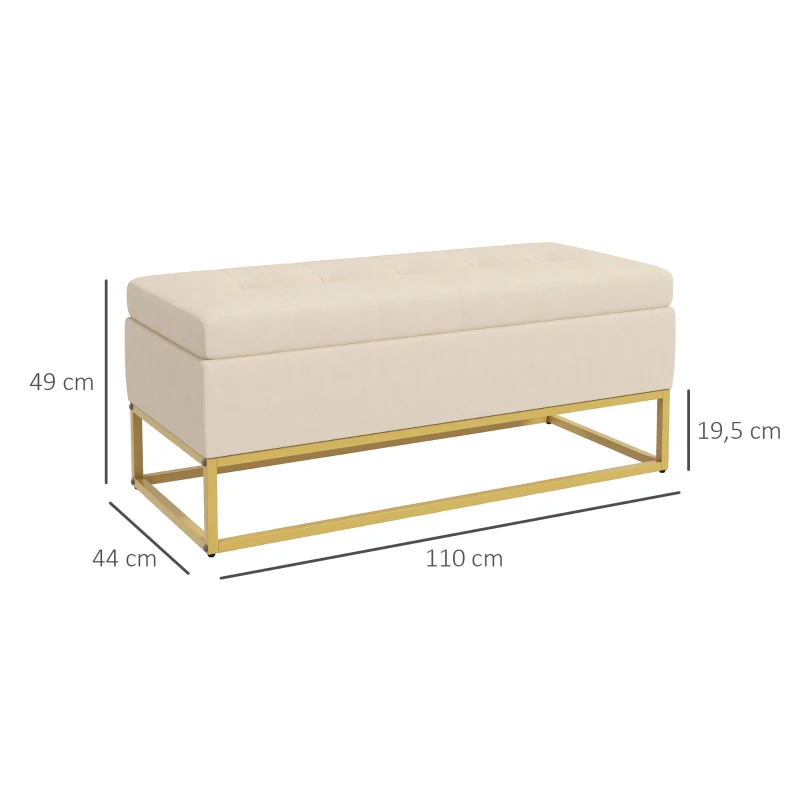 HOMCOM Banco de Armazenamento Botões decorativos Aparência de Pelúcia Pés de Aço Dourados 110x47x46,5 cm