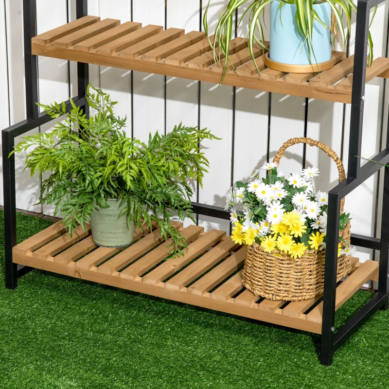 Outsunny Suporte de Plantas com 3 Níveis e Ganchos de Fixação Escada de Flores em Madeira Natural 80x36x174 Natural