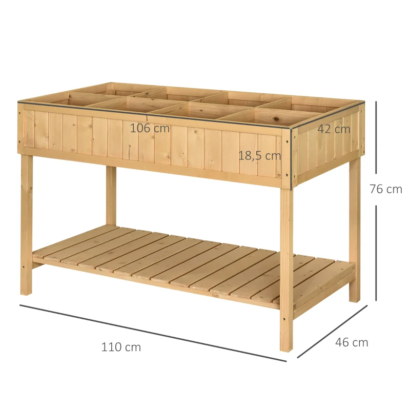 Outsunny Plantador em Pé Quadrada com Prateleira 110x46x76 cm 8 Compartimentos & Inserts de Irrigação Madeira de Pinho
