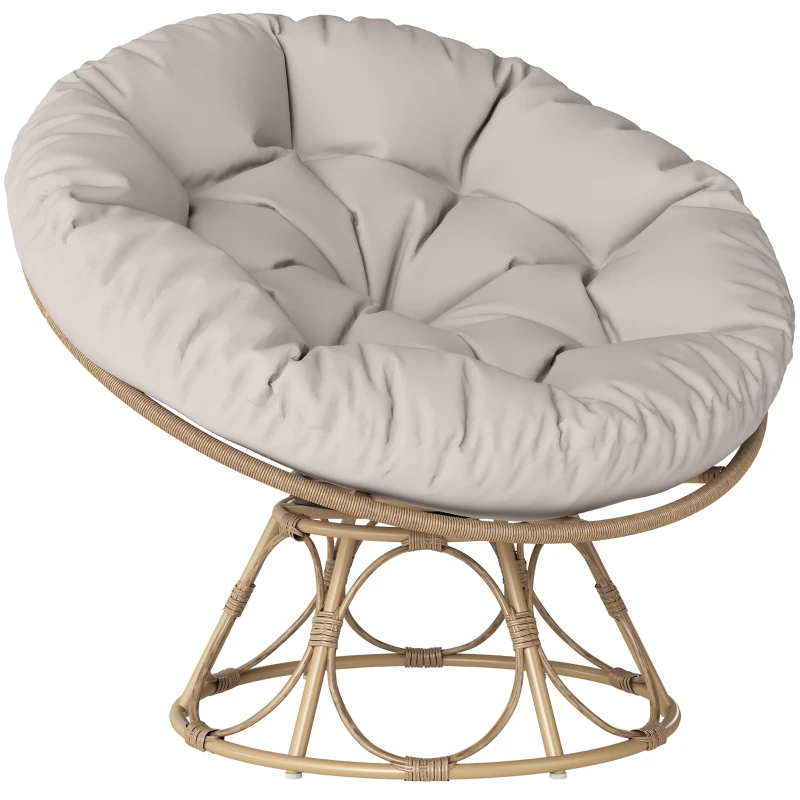 Outsunny Cadeira Papasan em Resina Efeito Vime Giratória a 360° com Almofada Acolchoada Ø 100 cm Cinza Claro