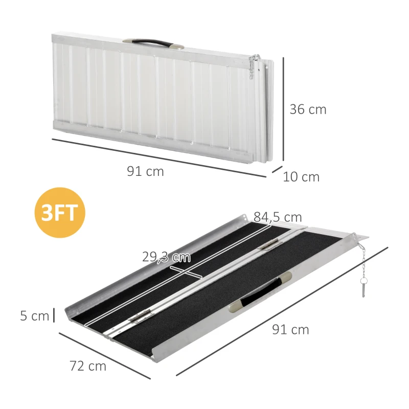 HOMCOM Rampa de Cadeira de Rodas Carregamento Acesso Antiderrapante Dobrável Bordas de Segurança Máx 270 Kg 91x72x5 cm Alumínio Preto